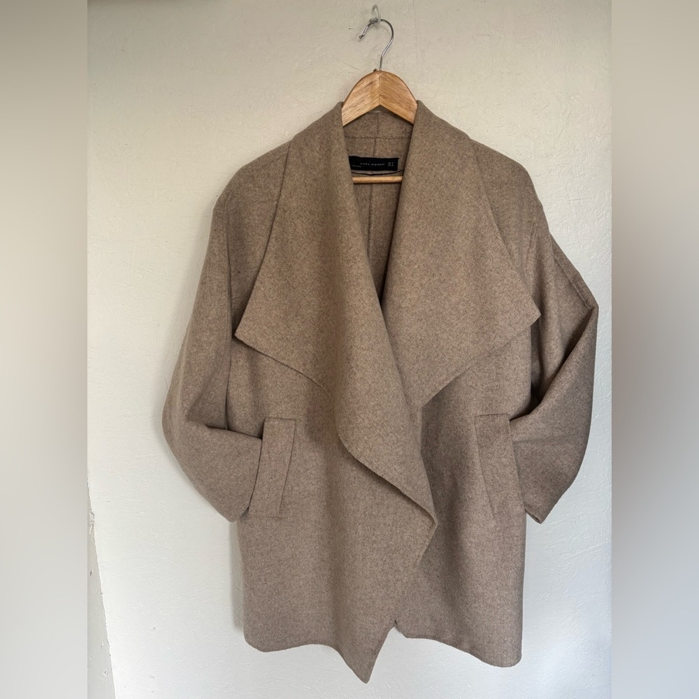 Zara Ecru Beige Wool Blend Open Draped Oversized Layering Cardigan Blanket Coat - Picture 5 of 15